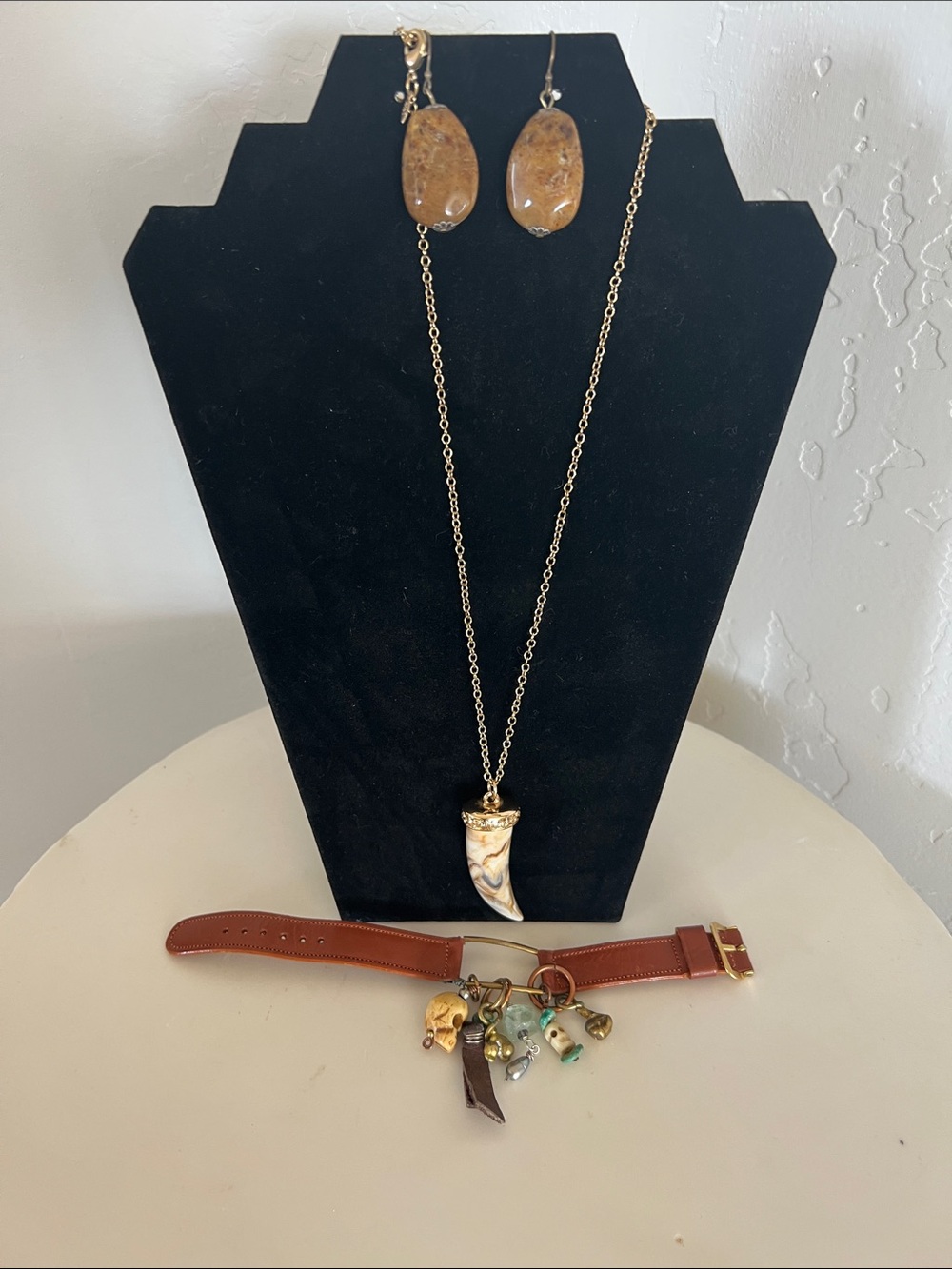 Gold-Tone Brown Stone Drop Earrings and Horn Pendant Necklace Set with bracelet